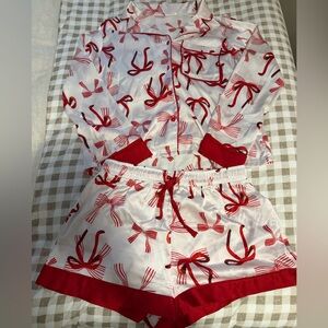 Satin Red and White Bow Print Pajama Set